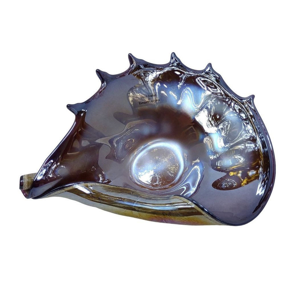Sea Shell Art Glass Hand Blown Iridescent Brown Europe 8 Inches By 6 Inches